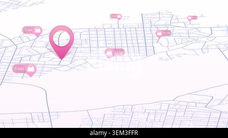 Retail store finder interface with bag icons and travel times on light city grid. Vector illustration. Stock Vector