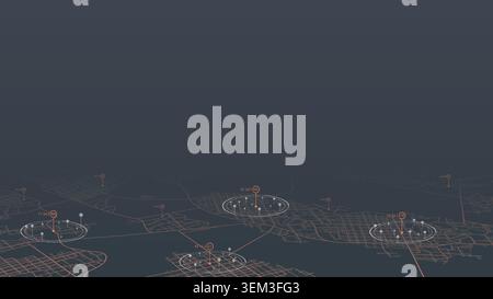 Futuristic urban monitoring screen highlighting specific zones with digital analytics circles. Stock Vector