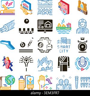 Collection of diverse outline icons depicting various concepts and situations Stock Vector