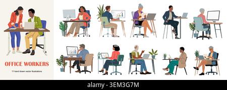 Diverse office workers sittin at desk with laptops Stock Vector