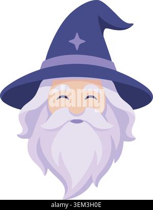 An elderly wizard face with a tall pointed hat long white beard and a warm expression Stock Vector