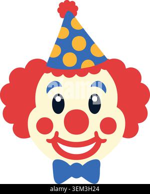 A cheerful clown face with red curls a party hat rosy cheeks and a big smile Stock Vector