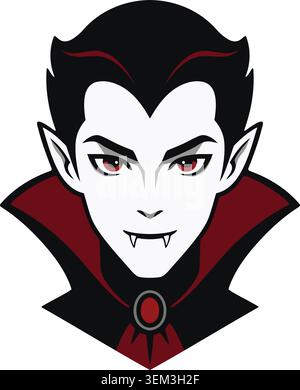 An elegant vampire face with pale skin slick dark hair red eyes and pointed fangs Stock Vector