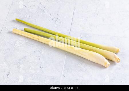 Three fresh lemongrass stalks arranged diagonally on a textured light gray stone surface. The stalks transition from pale yellow bases to vibrant gree Stock Photo