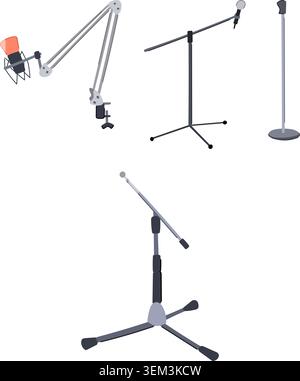 Audio recording equipment with various microphone stands Stock Vector