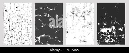 Set of four black-and-white distressed textures, including cracked paint, peeling surface, aged plaster, and corroded metal, abstract grunge Stock Vector