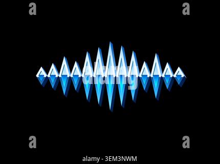 3D chrome metallic audio waveform with blue glow, 80s synthwave sound wave Stock Vector