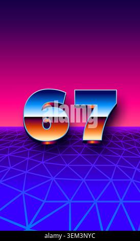 Glowing neon six seven number in synthwave retrowave style with grid and purple blue gradient background as viral kids meme 67 Stock Vector