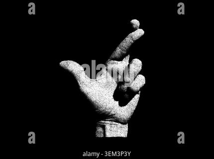 Monochrome hand snapping fingers with raised index and thumb in detailed vintage dotwork stipple vector on dark background Stock Vector