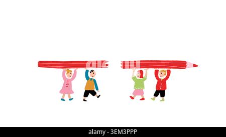 Children carrying broken giant pencil together in childlike style illustration. Stock Photo