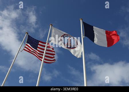 Flags at the Omaha Beach National Guard Monument at Vierville-sur-Mer, Normandy, France Stock Photo
