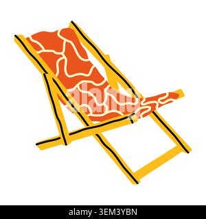 Deck chair vector illustration isolated on white background. Summer beach lounger or chaise longue with orange abstract wave pattern and yellow wooden Stock Vector
