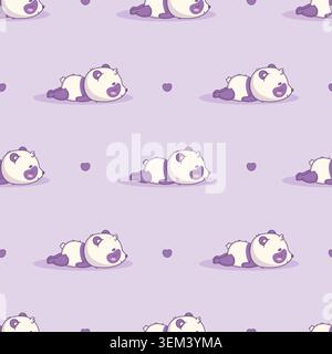 Seamless Pattern With Funny Kawaii Panda Bear Lying Flat On Stomach With Stretched Paws on Light Purple Background. Vector Illustration. Sweet Dream C Stock Vector
