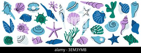 Vector seashell set in pastel purple, blue, and green tones. Flat design elements of marine shells, coral, and starfish on white background Stock Vector