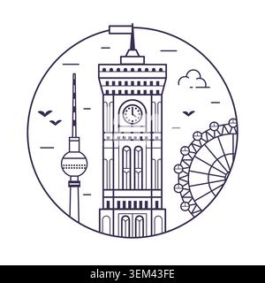 Red Town Hall Tower Berlin Landmark Line Icon Stock Vector