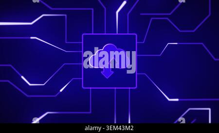 Cloud icon with upload and download arrows on a glowing circuit board, representing modern digital data transfer and storage solutions Stock Photo
