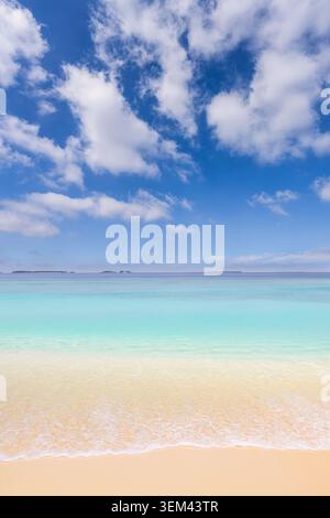 Calm turquoise sea gentle waves sand beach blue sky clouds tropical vertical coast view. Summer travel vacation landscape. Paradise wellness relax Stock Photo