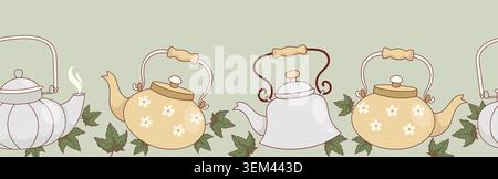 Seamless Border with Vintage Teapots and Leaves. Cozy Ceramic and Metal Kettle Ribbon on Green Background. Horizontal Botanical Kitchenware Trim. Vect Stock Vector