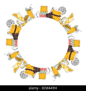 Citrus orange, exotic mango and mixed berry smoothie mix. Isolated tropical round wreath illustration hand drawn in ink vector. Refreshment cart Stock Vector