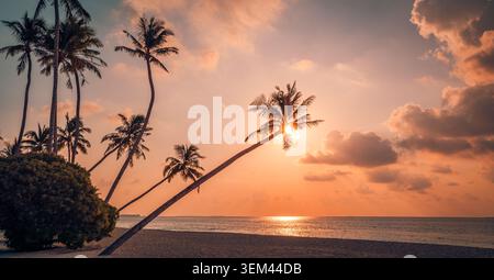 Radiant tropical sunset glowing over calm ocean water. Soft pastel sky reflection gentle clouds. Peaceful beach seascape summer travel getaway scene Stock Photo