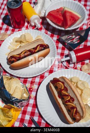 Grilled hot dogs, watermelon and chips at a summer picnic. Stock Photo