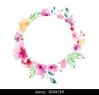 Greenery and red flowers, Round banner, watercolor tiny floral elements . Hand drawn. Not AI, vector illustration. Stock Vector