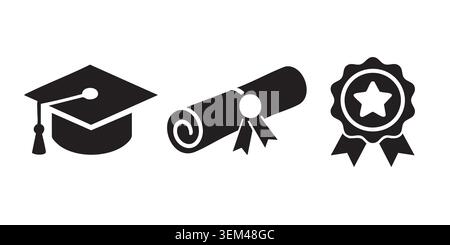 Black Silhouette Icon Set of Graduation Cap Diploma and Medal Stock Vector