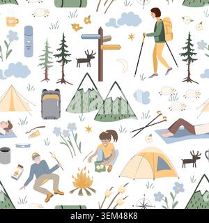 Seamless pattern with camping elements. Hand drawn design for fabric, print, wrapper, textile. Vector illustration Stock Vector