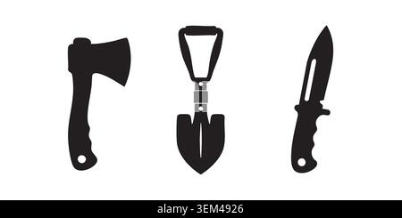 Black Silhouette Icon Set of Survival and Camping Tools Stock Vector