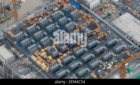 Aerial drone view of a massive hyperscale data center under construction in Chonburi, Thailand, showing cloud infrastructure, AI computing and industr Stock Photo