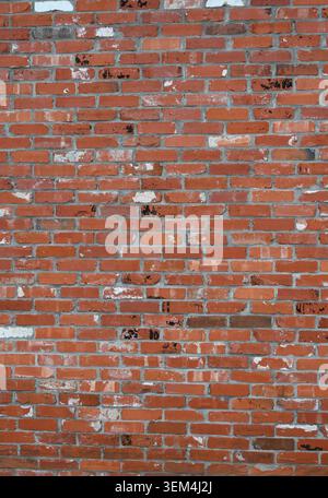 Reclaimed red brick and mortar wall surface with scattered darker red bricks, chipped and broken Stock Photo