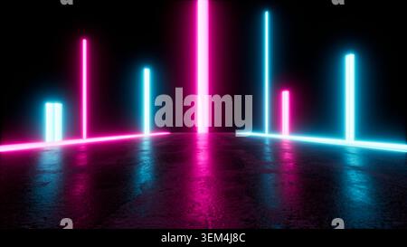 Abstract neon light pillars glowing on a dark reflective surface Stock Photo