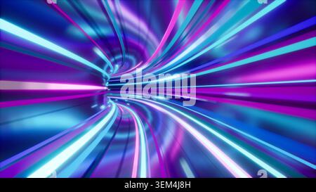 Glowing neon tunnel with flowing light streaks Stock Photo