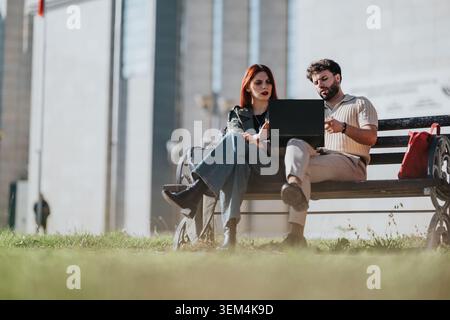 Young colleagues collaborating on a laptop while sitting on a city park bench during daytime Stock Photo