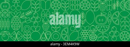 Bauhaus fruit and berry abstract. Geometric line drawing. Fruits seamless pattern. Natural flower plant with simple shape, abstract eco farming concept. Vector minimal banner Stock Vector