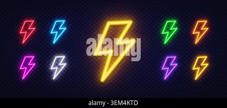 Set of 9 neon lightning bolt icons in red, blue, yellow, green, orange, pink, purple and white on dark transparent background. Colorful electric Stock Vector
