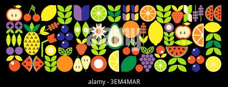 Bauhaus fruit and berry abstract. Geometric line drawing. Fruits seamless pattern. Natural flower plant with simple shape, abstract eco farming concept. Vector minimal banner Stock Vector