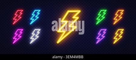 Set of 9 neon lightning bolt icons with sharp zigzag shape in yellow, red, blue, green, orange, pink and purple on dark transparent background. Stock Vector