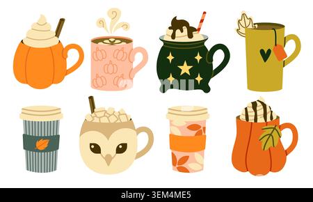 Autumn Hot Drinks Vector Set Flat Pumpkin Latte Cocoa Collection Isolated Stock Vector