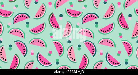 Cute Vector Seamless Pattern with Watermelon Summer Fruit in Pink, Green, on Mint Background, Tropical Design Stock Vector