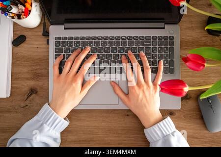 Top view of  female hands using laptop at wooden desk with red tulips nearby. Modern online education, remote work, studying at home and digital lifes Stock Photo