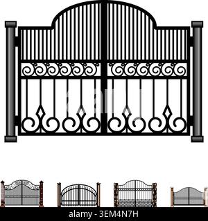 Ornate iron gate set with entrance designs Stock Vector