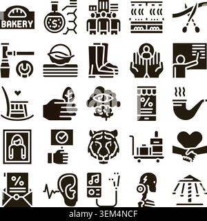 Collection of diverse glyph icons representing various concepts Stock Vector