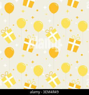 Festive vector seamless pattern featuring yellow air balloons, gift boxes, and sparkling stars. Cute birthday celebration backdrop illustration for wrapping paper, greeting cards, and party textiles. Vector illustration Stock Vector