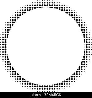 Round frame with dotted texture and halftone effect. Circle shape with pixel, noisy or grainy border isolated on white background. Circular decorative design element. Vector graphic illustration. Stock Vector