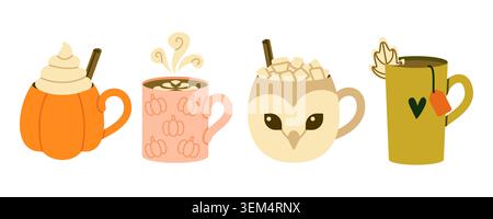 Cute Fall Beverage Ceramic Mug Set Flat Illustration on White Background Stock Vector