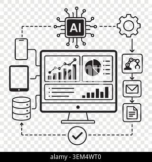 Computer screen with artificial intelligence core dashboard displaying data graphs metrics file server and mobile phone connections Stock Vector