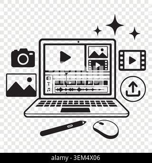Digital video editing interface on laptop screen with camera photo player adjustments and upload options for content creation Stock Vector