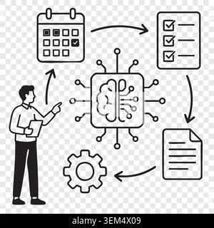 Man presenting artificial intelligence neural network data processing with cybernetic brain digital gears and analytical chart Stock Vector