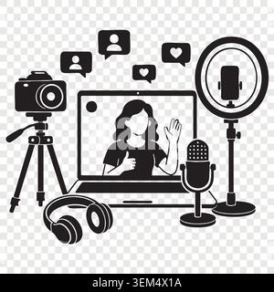 Happy woman broadcasting live video podcast with professional camera tripod microphone lights and speech bubbles interface Stock Vector
